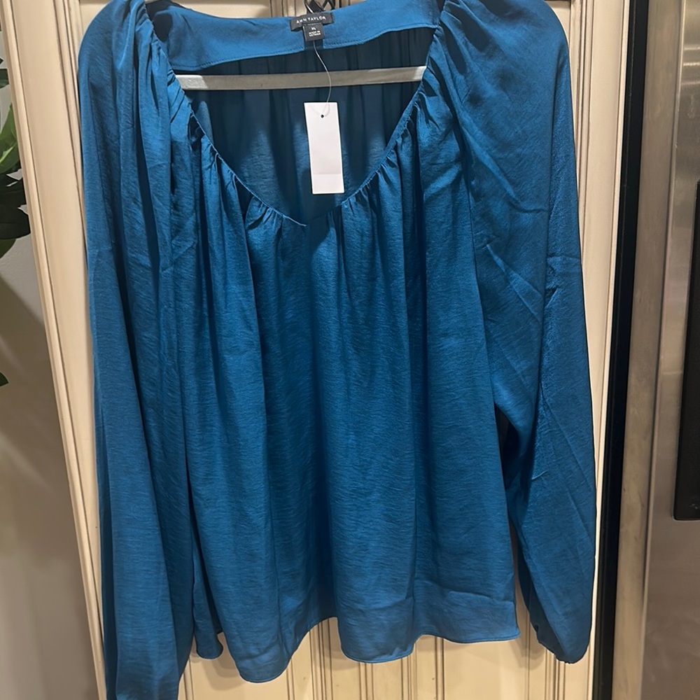 ***Final Markdown***Ann Taylor Blue Ruched Long Sleeve Blouse